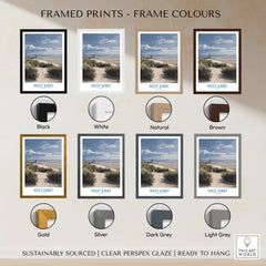 Framed prints in various colors showcasing the West Kirby England Poster | Coastal Sand Dunes Landscape Canvas Print.