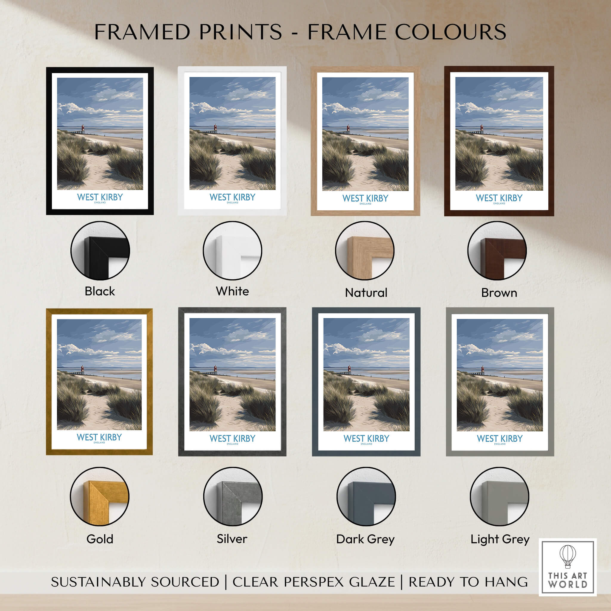 Framed prints in various colors showcasing the West Kirby England Poster | Coastal Sand Dunes Landscape Canvas Print.