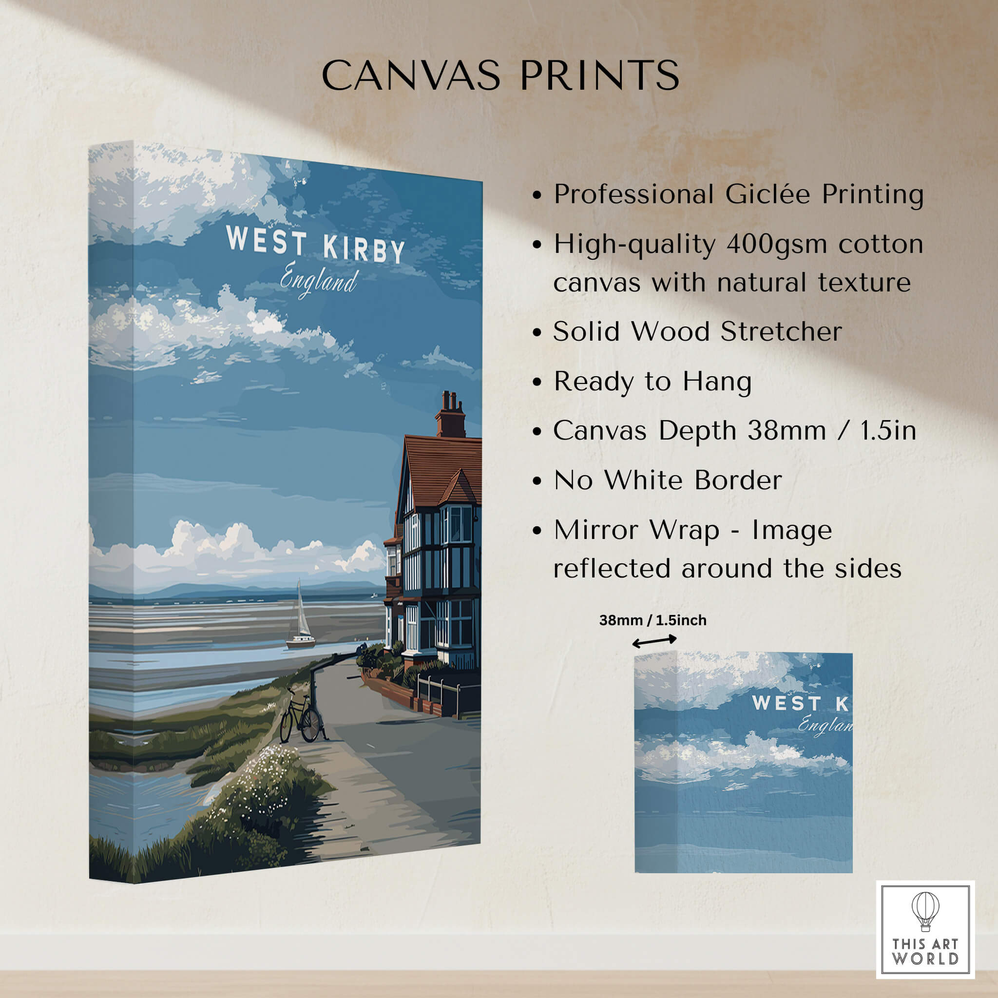 West Kirby Print England Travel Poster featuring coastal landscapes and elegant seaside architecture.