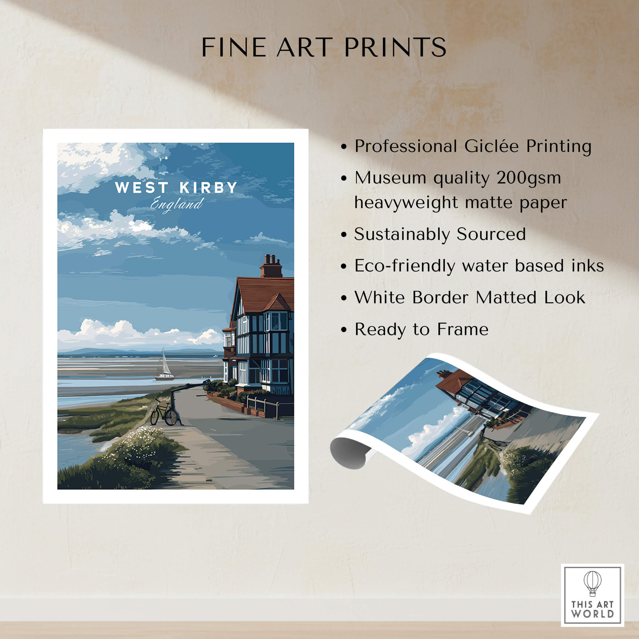 West Kirby Print England Travel Poster showcasing beautiful coastal landscape and elegant seaside architecture.