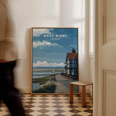 West Kirby Print England Travel Poster displayed in a modern interior with coastal scenery and elegant design.
