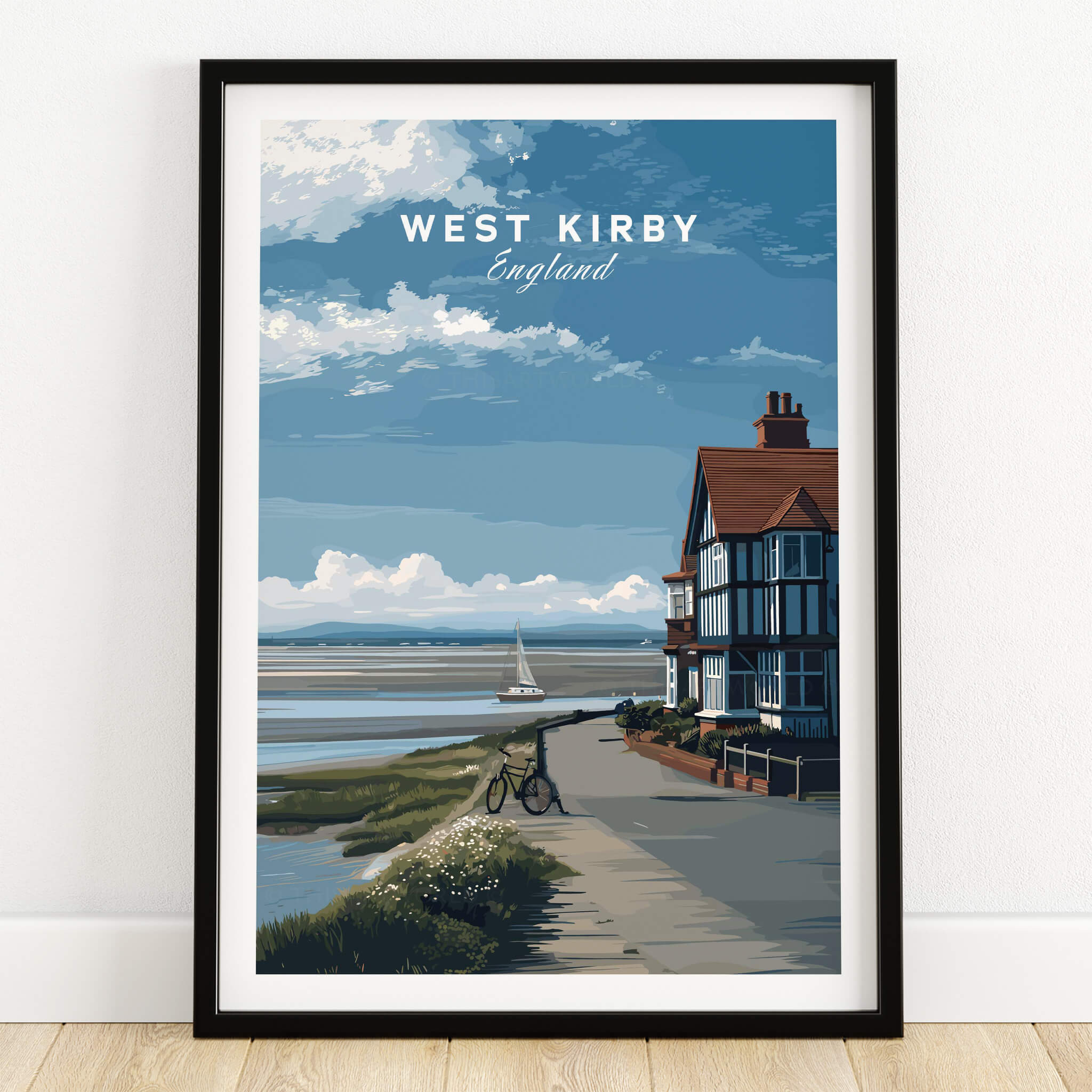 West Kirby Print England Travel Poster showcasing a coastal scene with a charming house and sailboat.