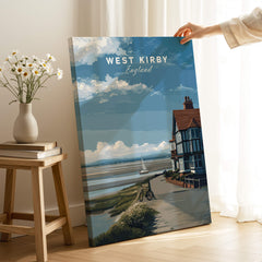 West Kirby Print England Travel Poster showcasing a scenic view of the Wirral coastline and elegant seaside architecture.