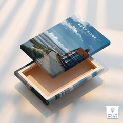 West Kirby Print England Travel Poster featuring a coastal scene with a beach house and scenic views.