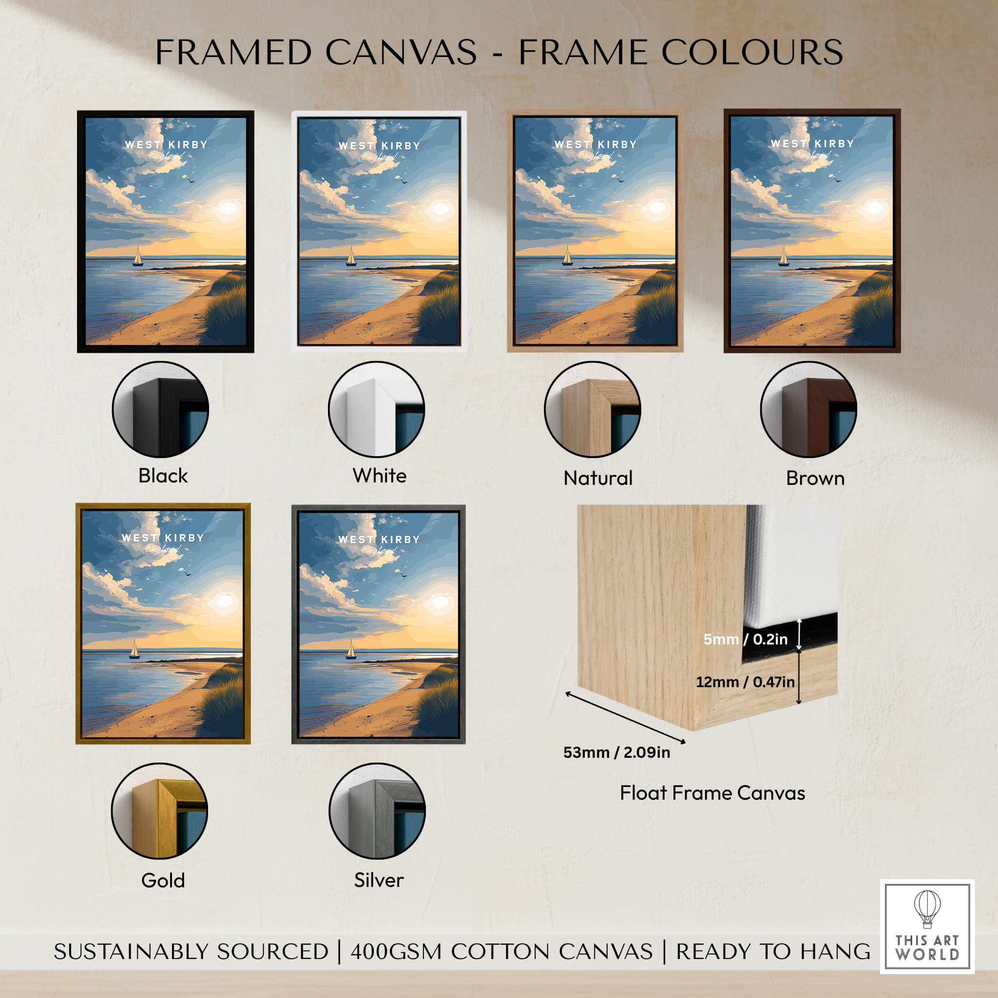 West Kirby England Travel Poster | Golden Sunset Beach Wall Art Print options with various framed colors.