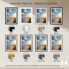 West Kirby England Travel Poster | Golden Sunset Beach Wall Art Print framed in various colors options shown.