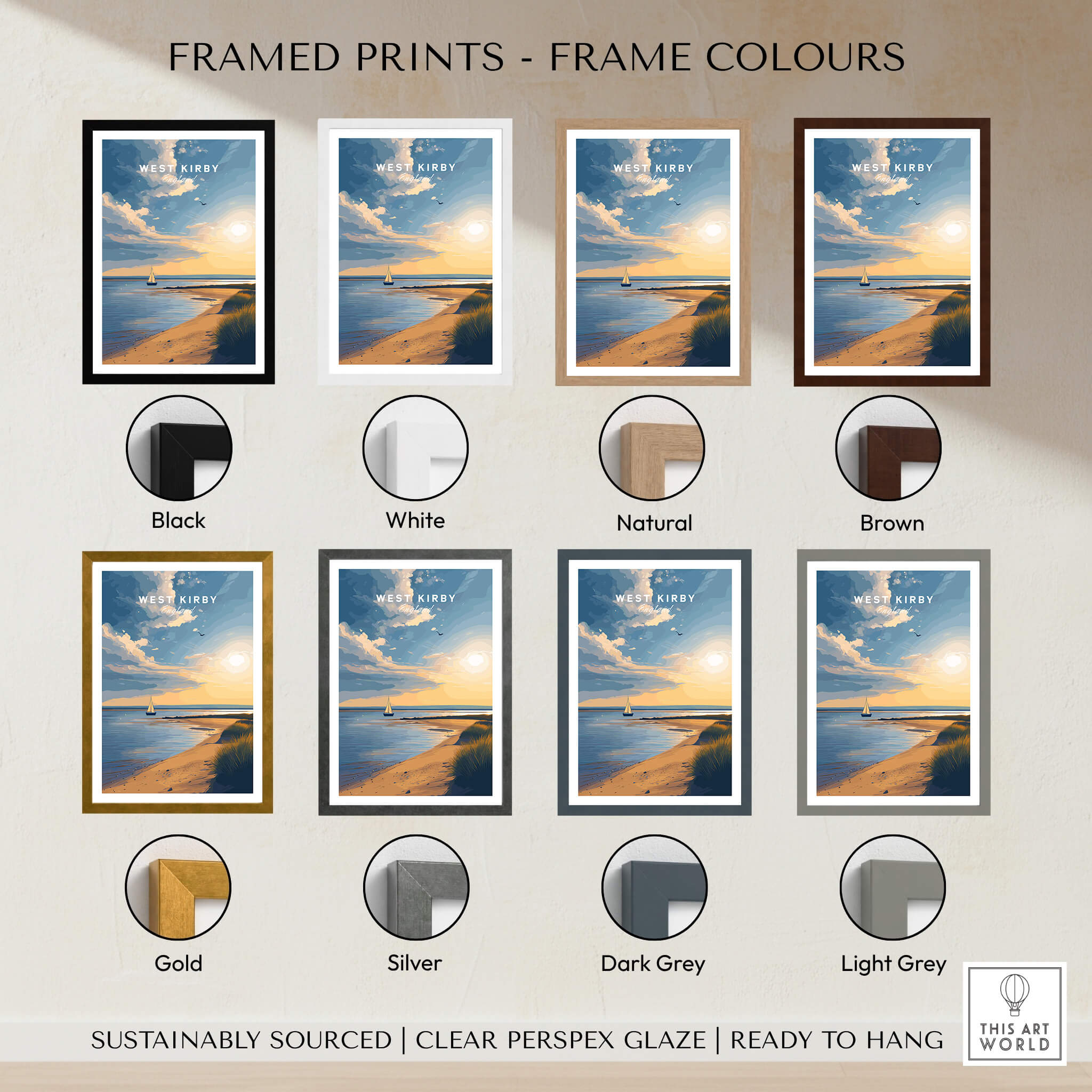 West Kirby England Travel Poster | Golden Sunset Beach Wall Art Print framed in various colors options shown.