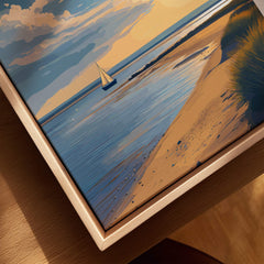 West Kirby England Travel Poster | Golden Sunset Beach Wall Art Print featuring serene beach and sailboat at sunset.