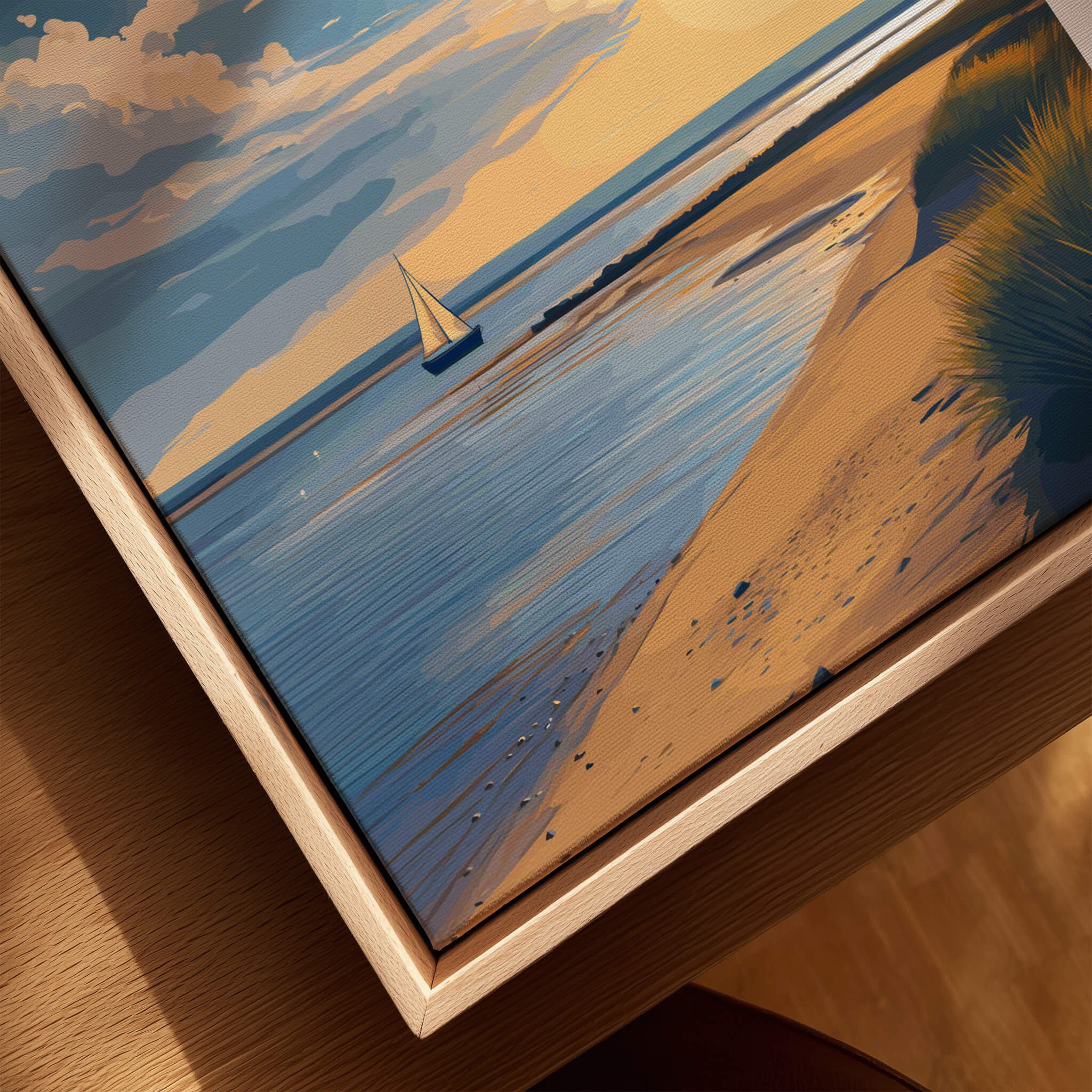 West Kirby England Travel Poster | Golden Sunset Beach Wall Art Print featuring serene beach and sailboat at sunset.