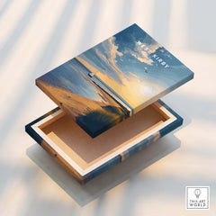 West Kirby England Travel Poster | Golden Sunset Beach Wall Art Print, illustrated beach scene on a decorative box.