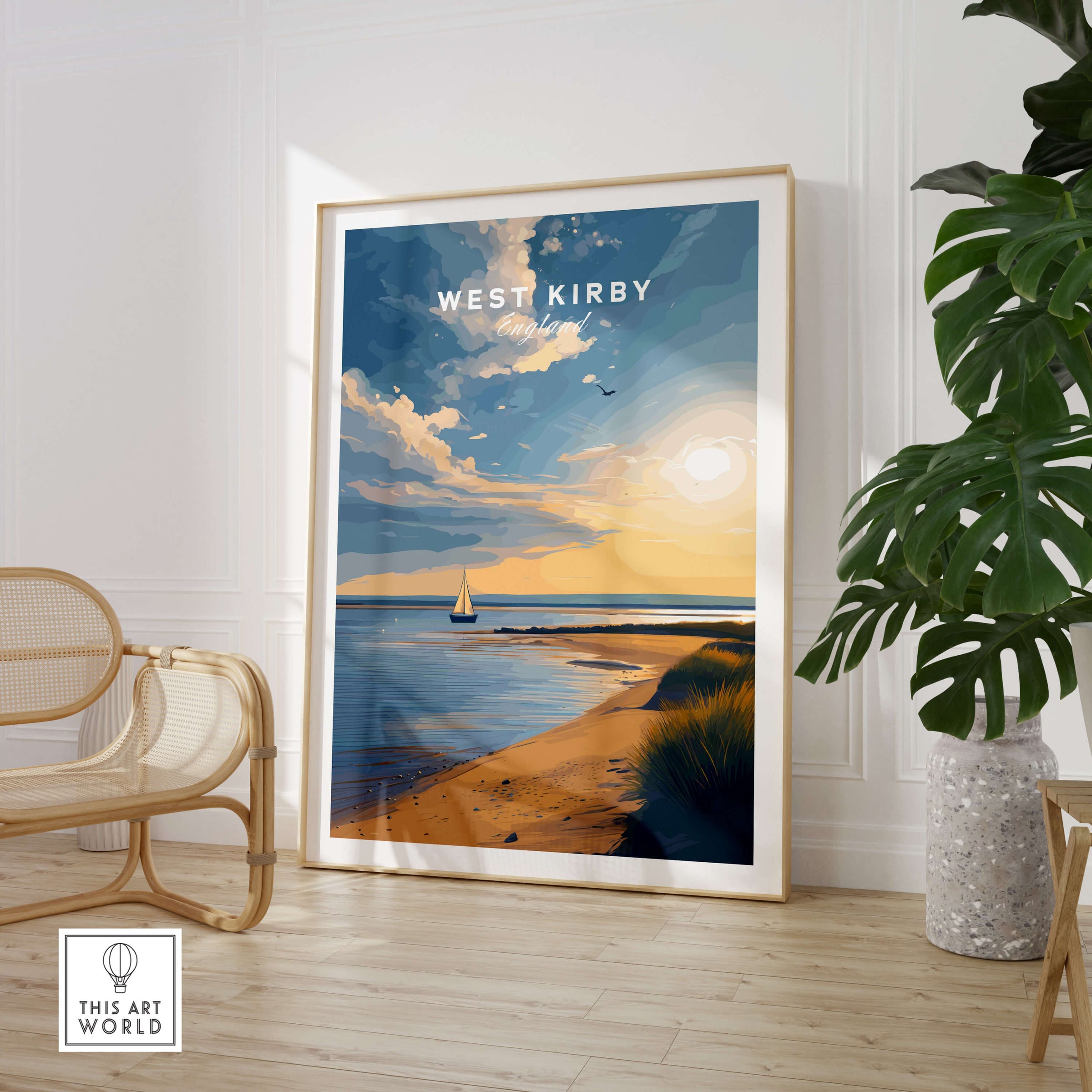 West Kirby England Travel Poster | Golden Sunset Beach Wall Art Print in a stylish interior setting