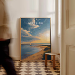 West Kirby England Travel Poster | Golden Sunset Beach Wall Art Print displayed in a room with checkered floor.
