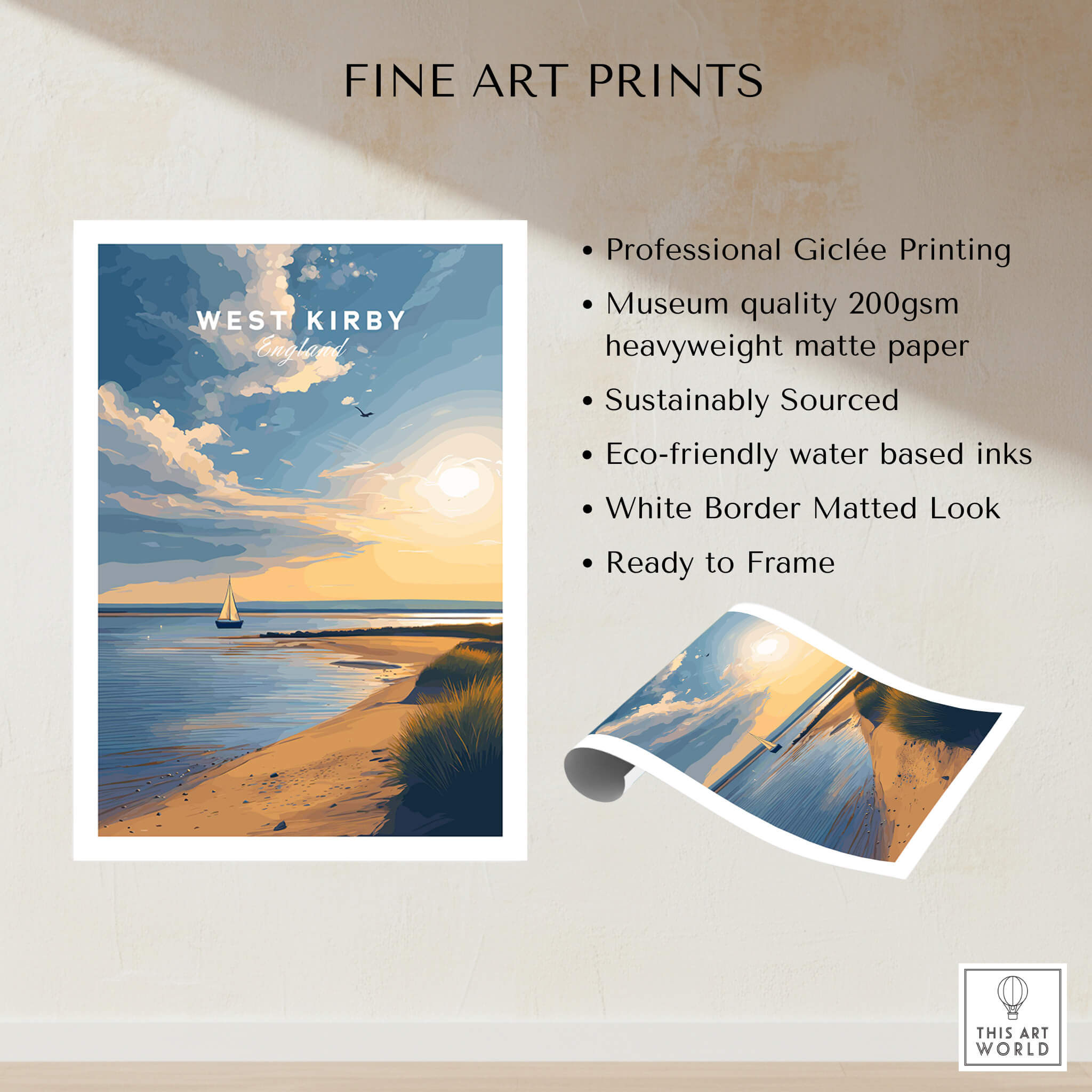 West Kirby England Travel Poster | Golden Sunset Beach Wall Art Print showcasing serene beaches and evening light.