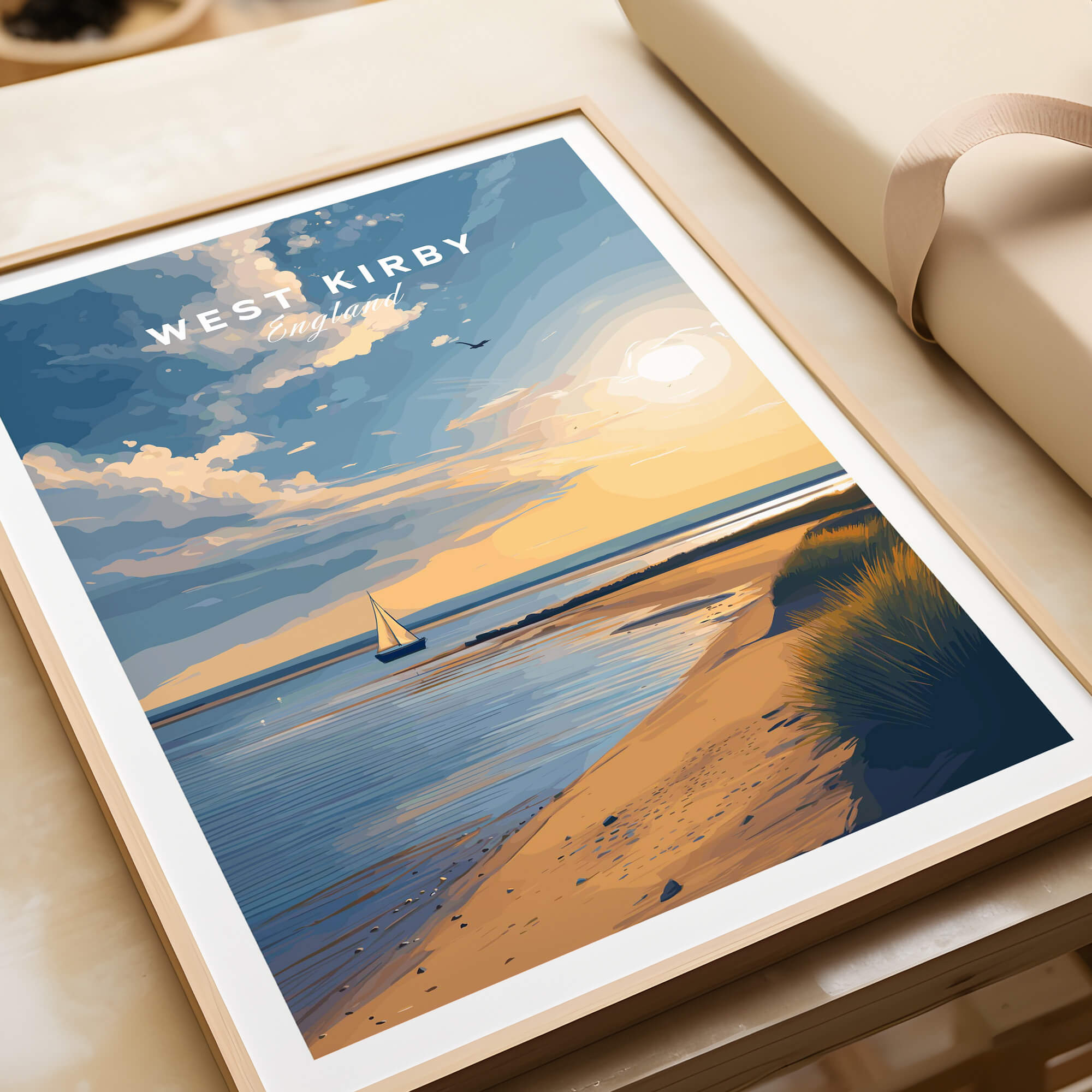 West Kirby England Travel Poster | Golden Sunset Beach Wall Art Print framed artwork showcasing a serene beach at sunset.