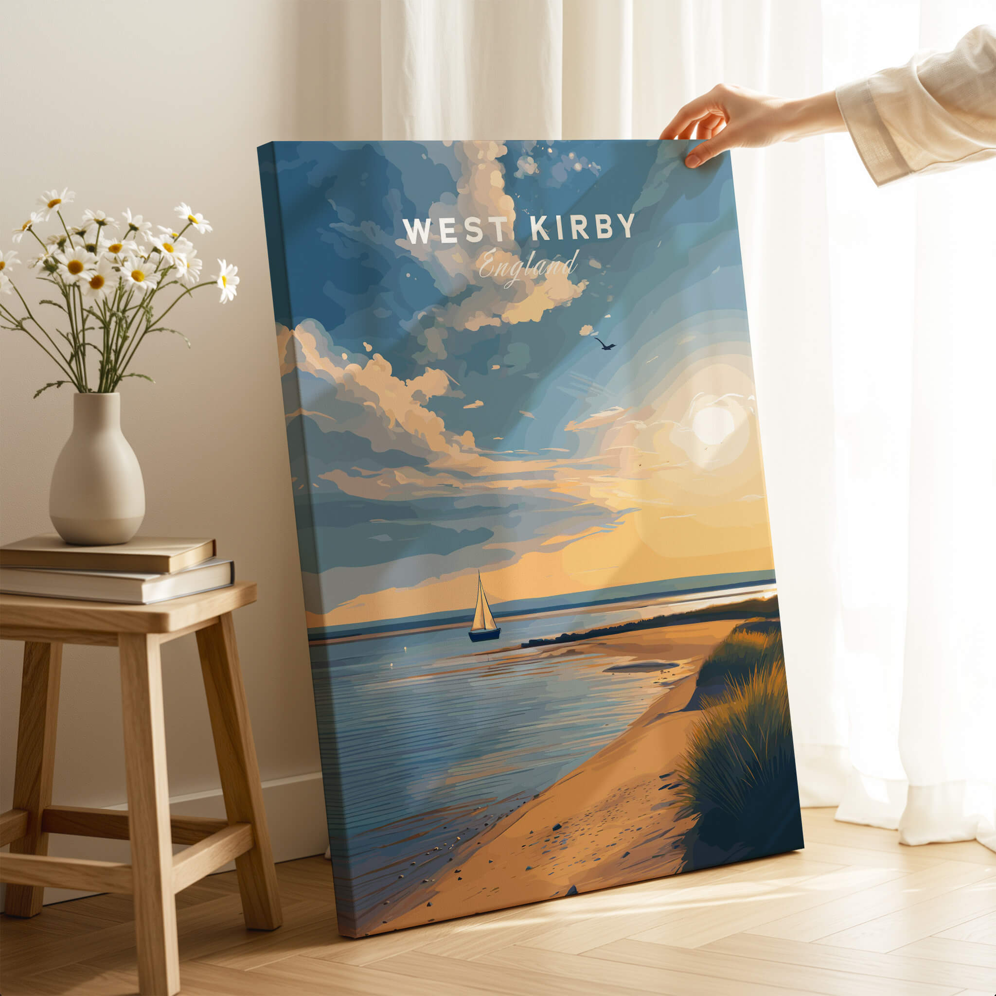 West Kirby England Travel Poster | Golden Sunset Beach Wall Art Print displayed indoors with a serene coastal scene.