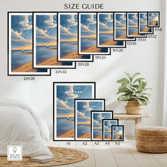 West Kirby England Travel Poster | Golden Sunset Beach Wall Art Print size guide showcasing available dimensions.
