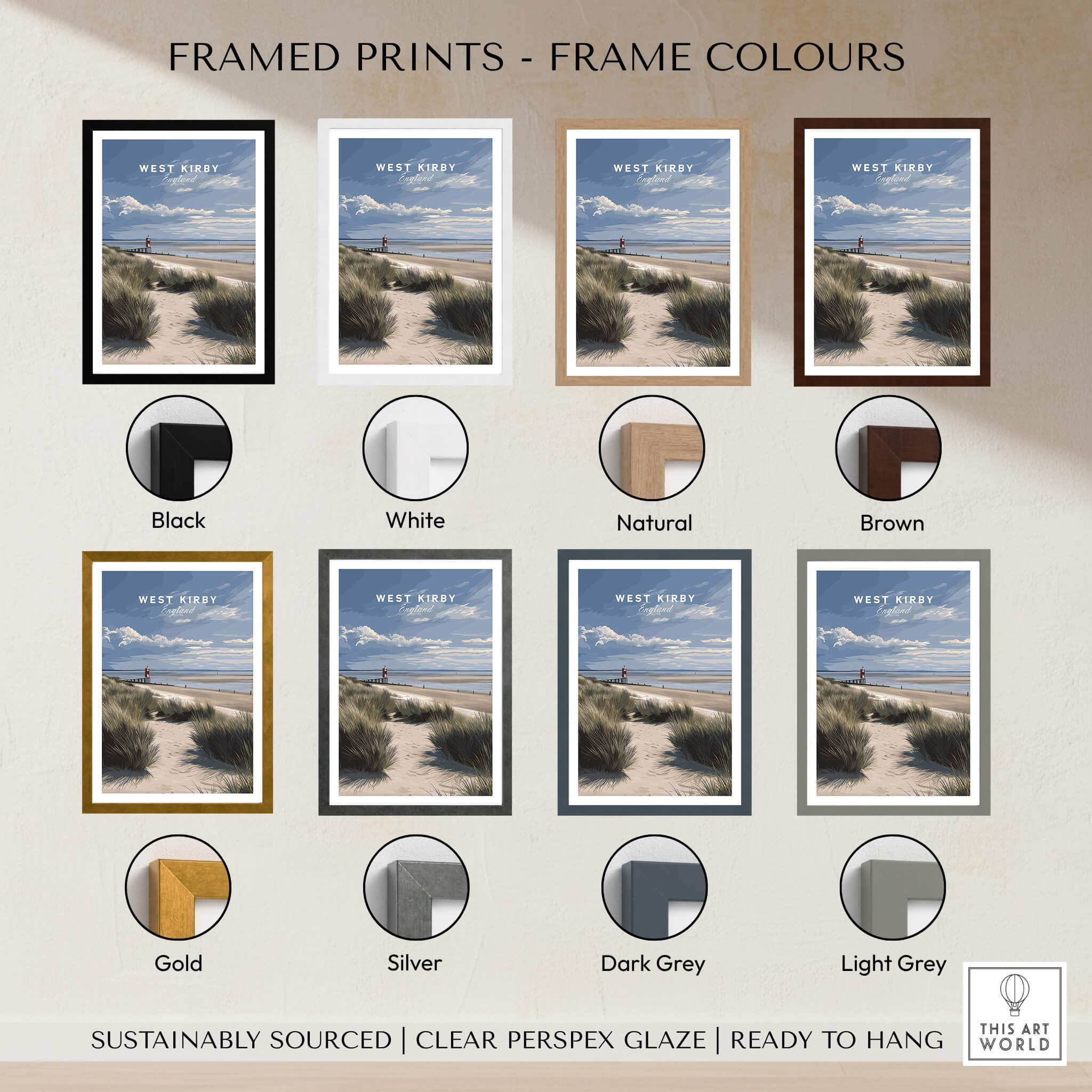 Framed prints with different frame colors for West Kirby England Wall Art Print | Travel Poster.