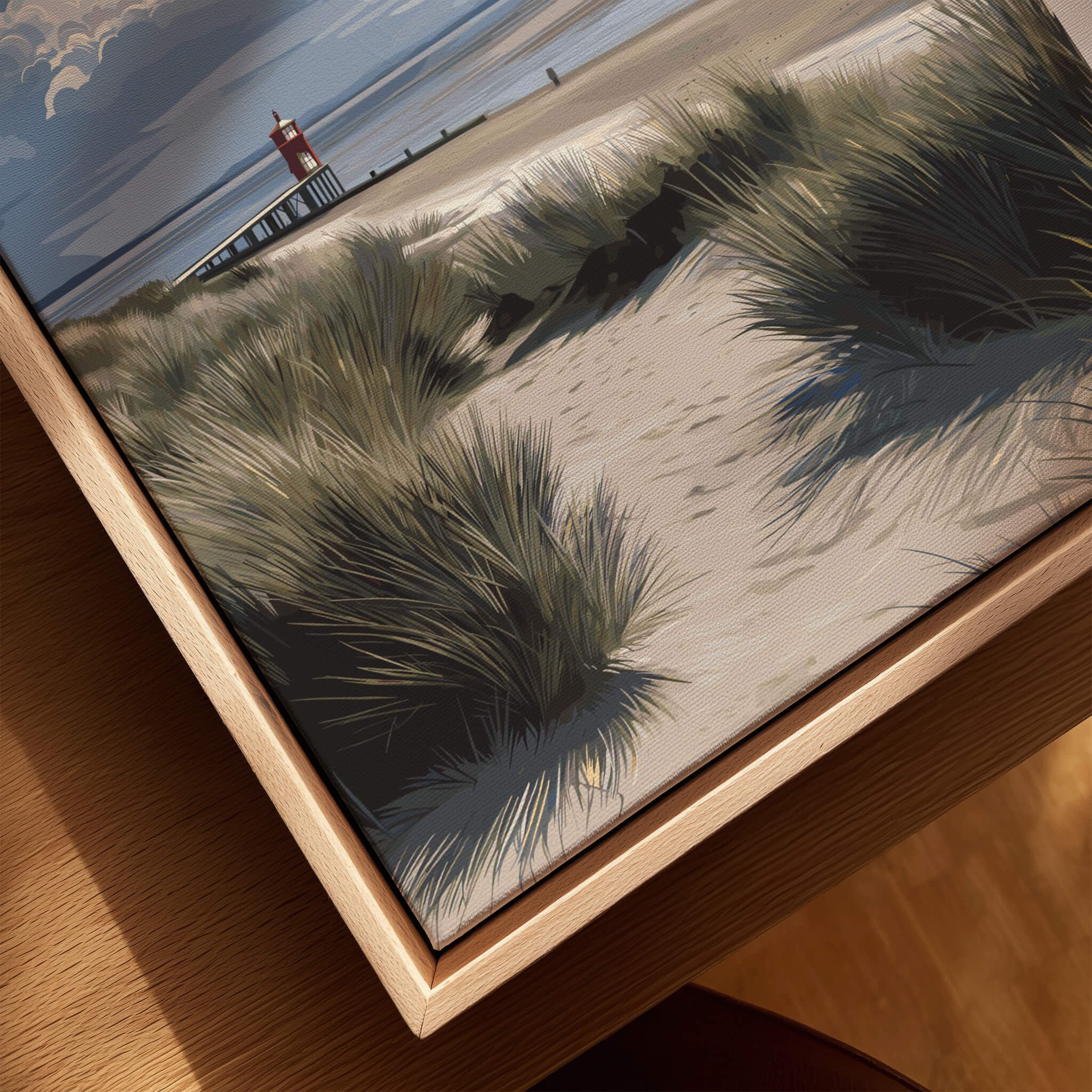 West Kirby England Wall Art Print | Travel Poster featuring seaside dune grasses and a coastal lighthouse.