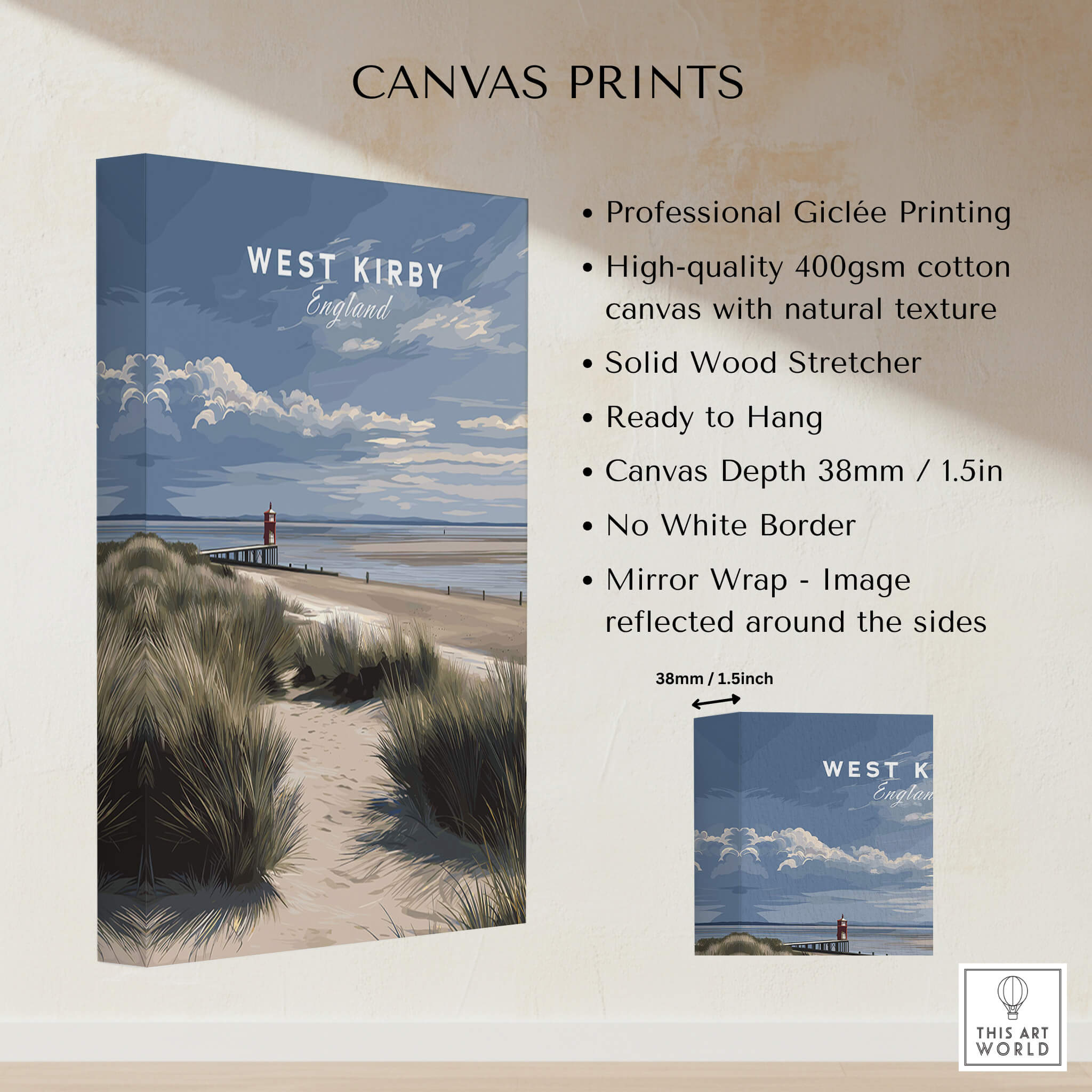 West Kirby England Wall Art Print | Travel Poster with giclée printing details and natural texture on canvas.