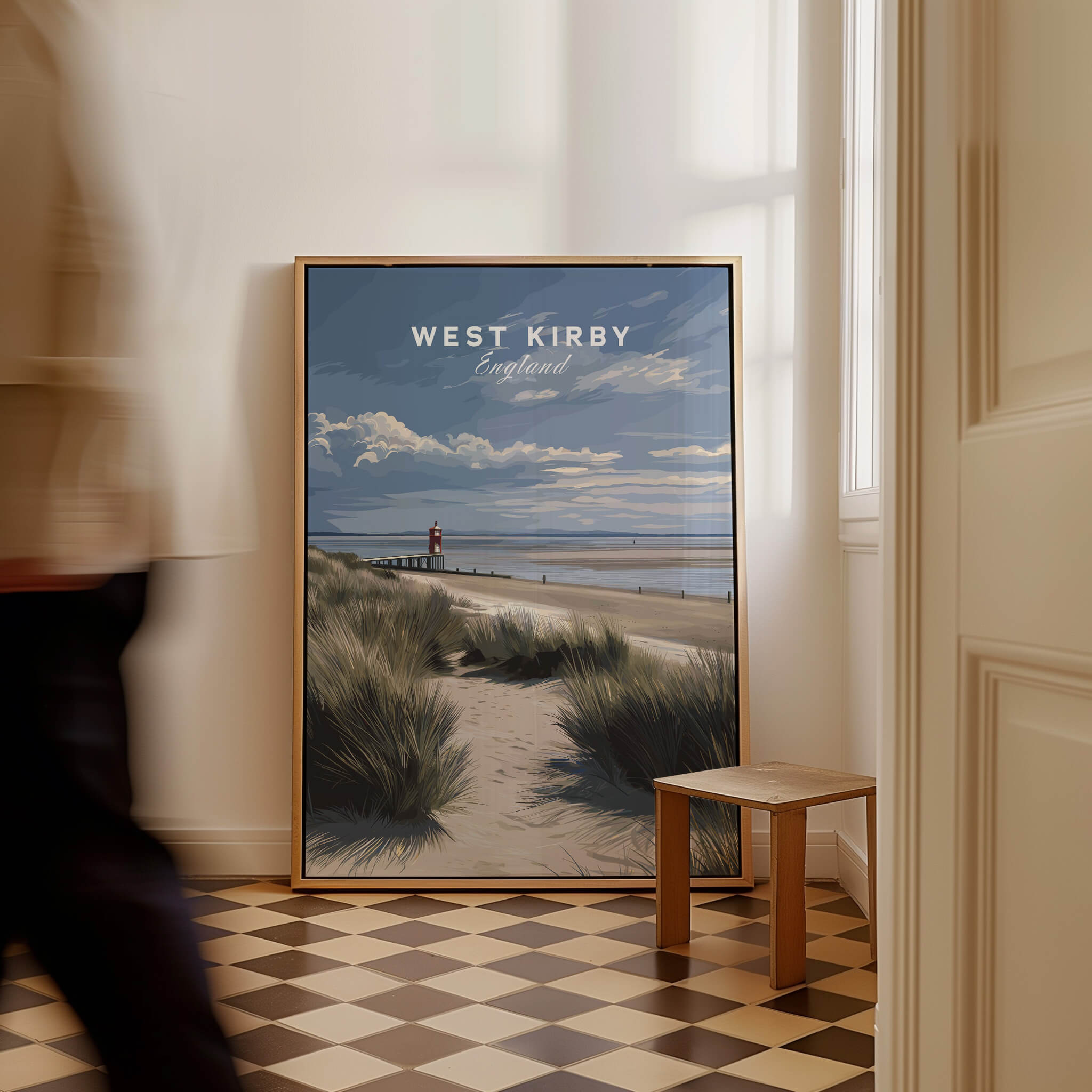 West Kirby England Wall Art Print | Travel Poster showcasing serene beach and lighthouse scene