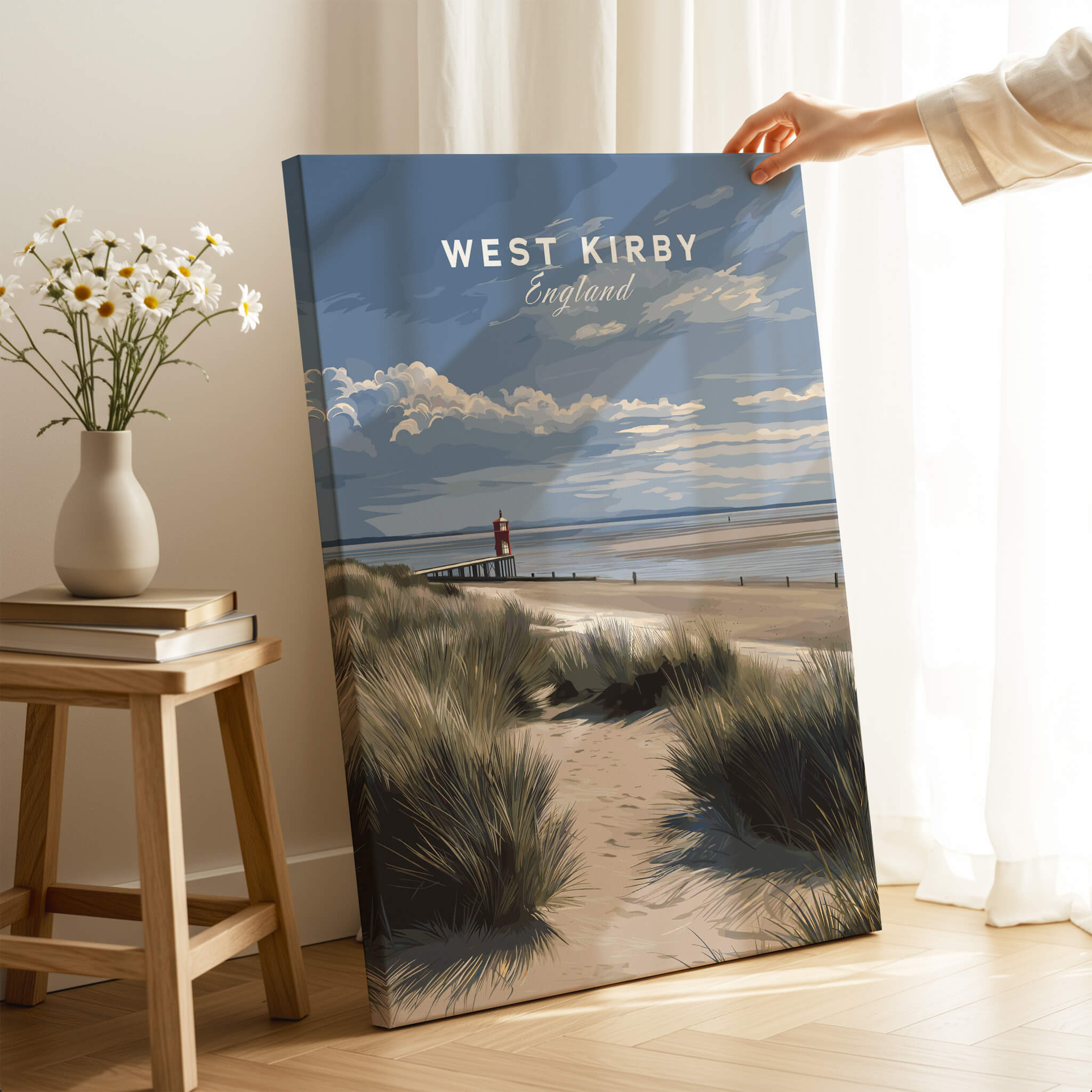 West Kirby England Wall Art Print | Travel Poster featuring a coastal scene with a lighthouse and sandy beach.
