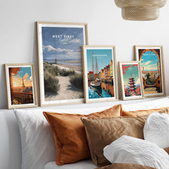 West Kirby England Wall Art Print | Travel Poster displayed among other travel art prints in a cozy living room setting.