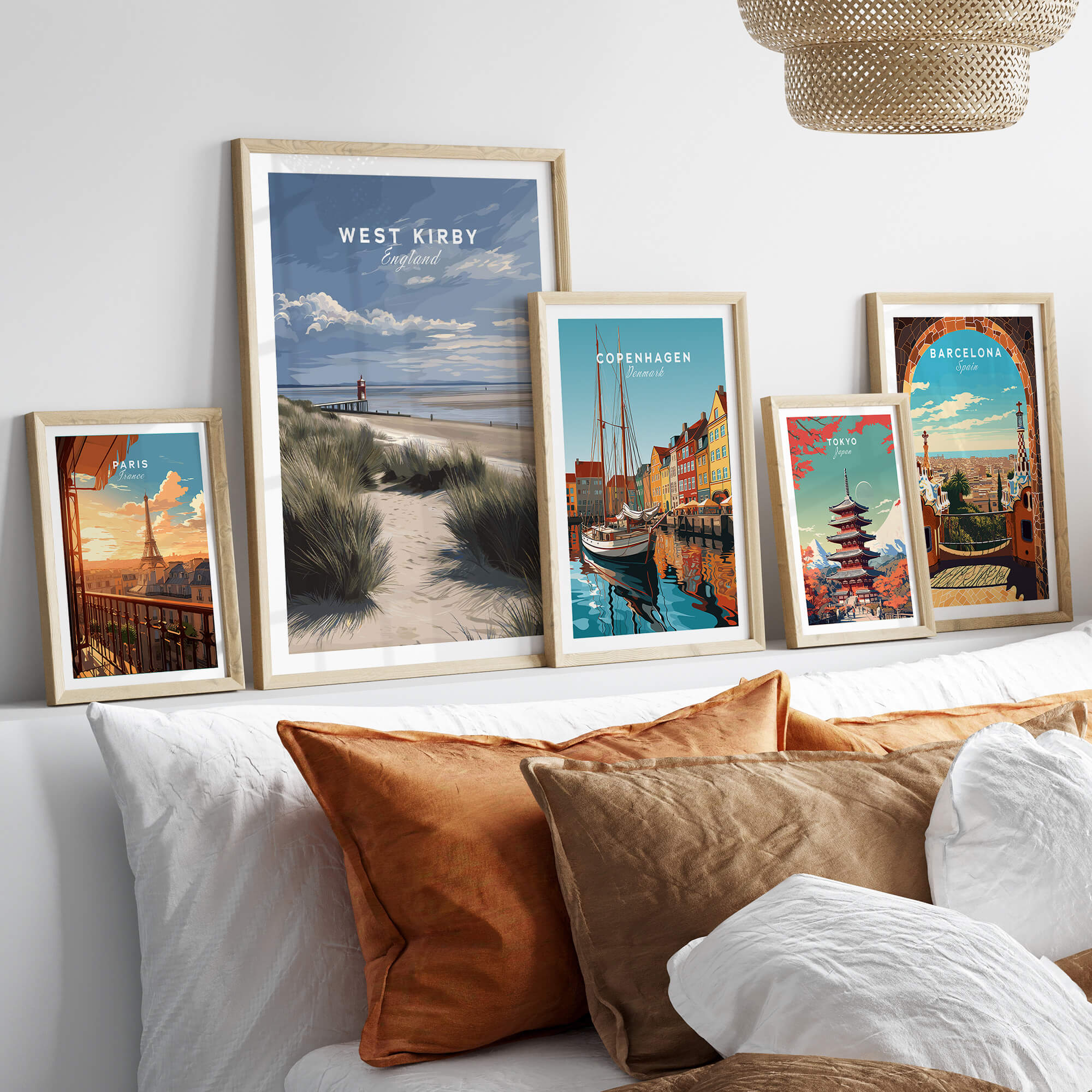 West Kirby England Wall Art Print | Travel Poster displayed among other travel art prints in a cozy living room setting.