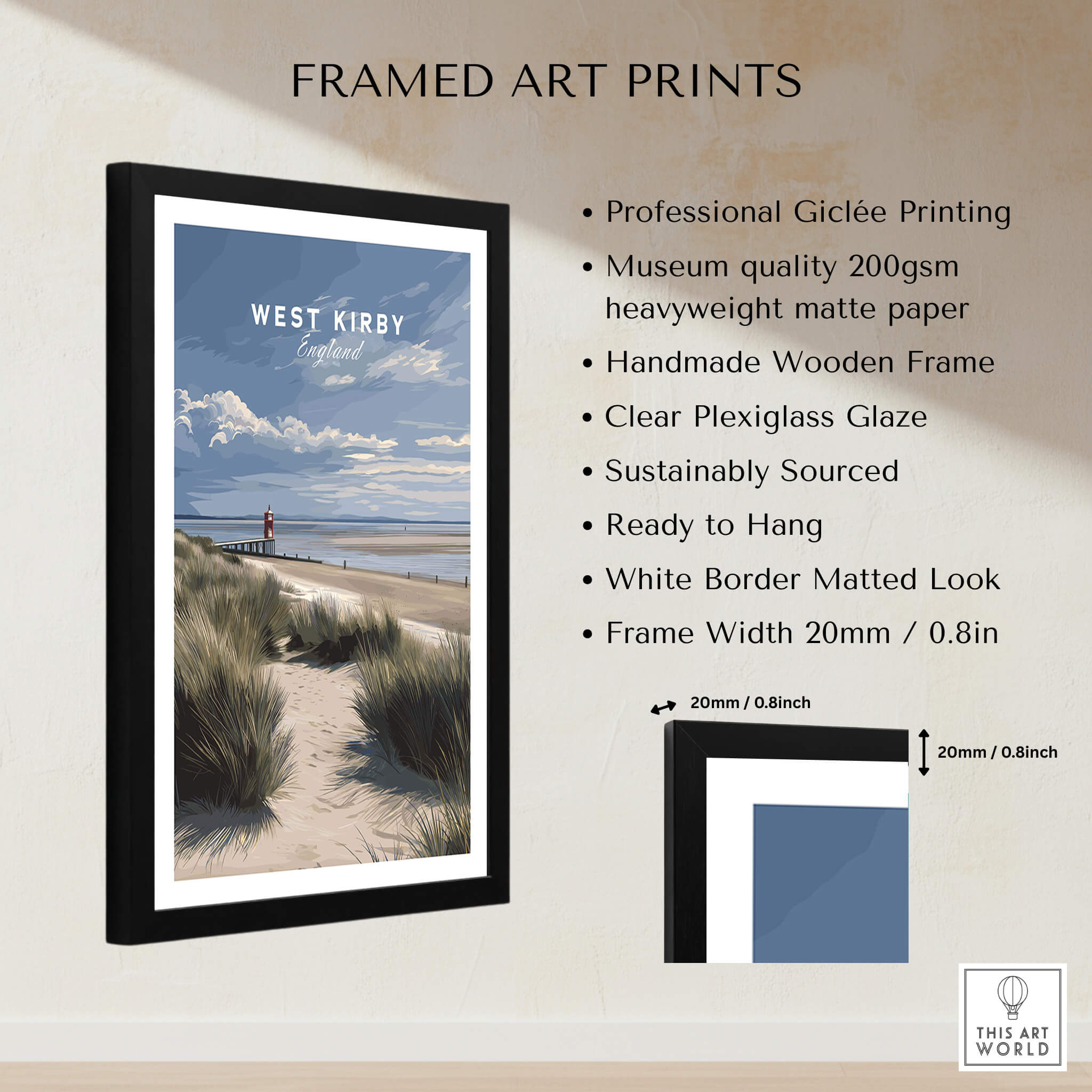 West Kirby England Wall Art Print | Travel Poster featuring a framed print with scenic beach view.