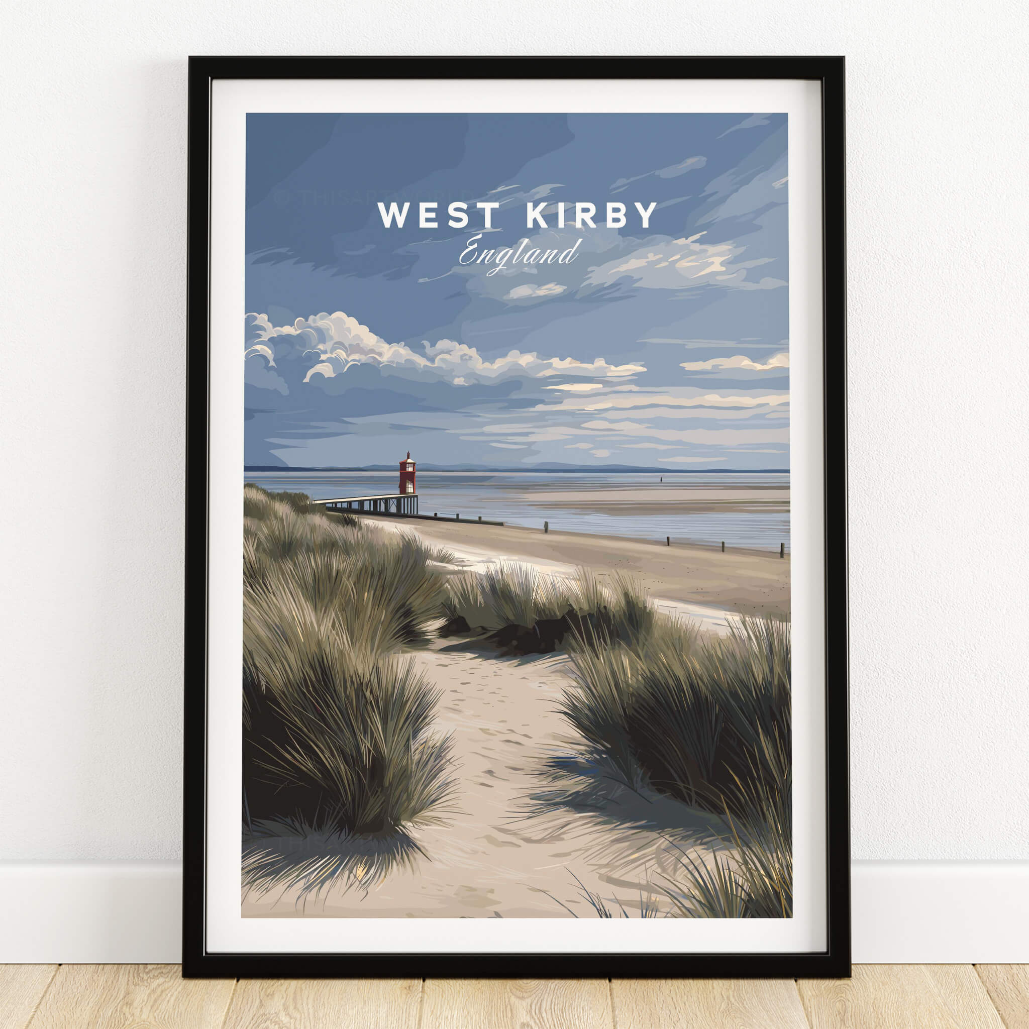 West Kirby England Wall Art Print | Travel Poster featuring a scenic beach view with dune grass.