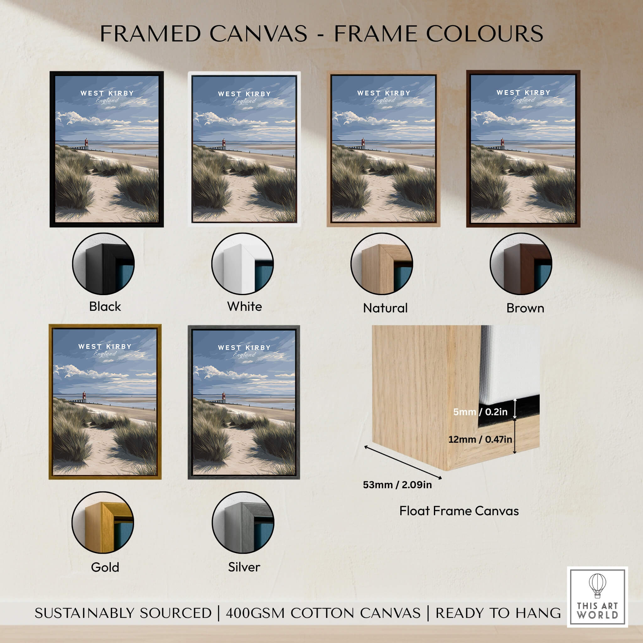 West Kirby England Wall Art Print | Travel Poster options in various frame colors including black, white, natural, brown, gold, and silver.