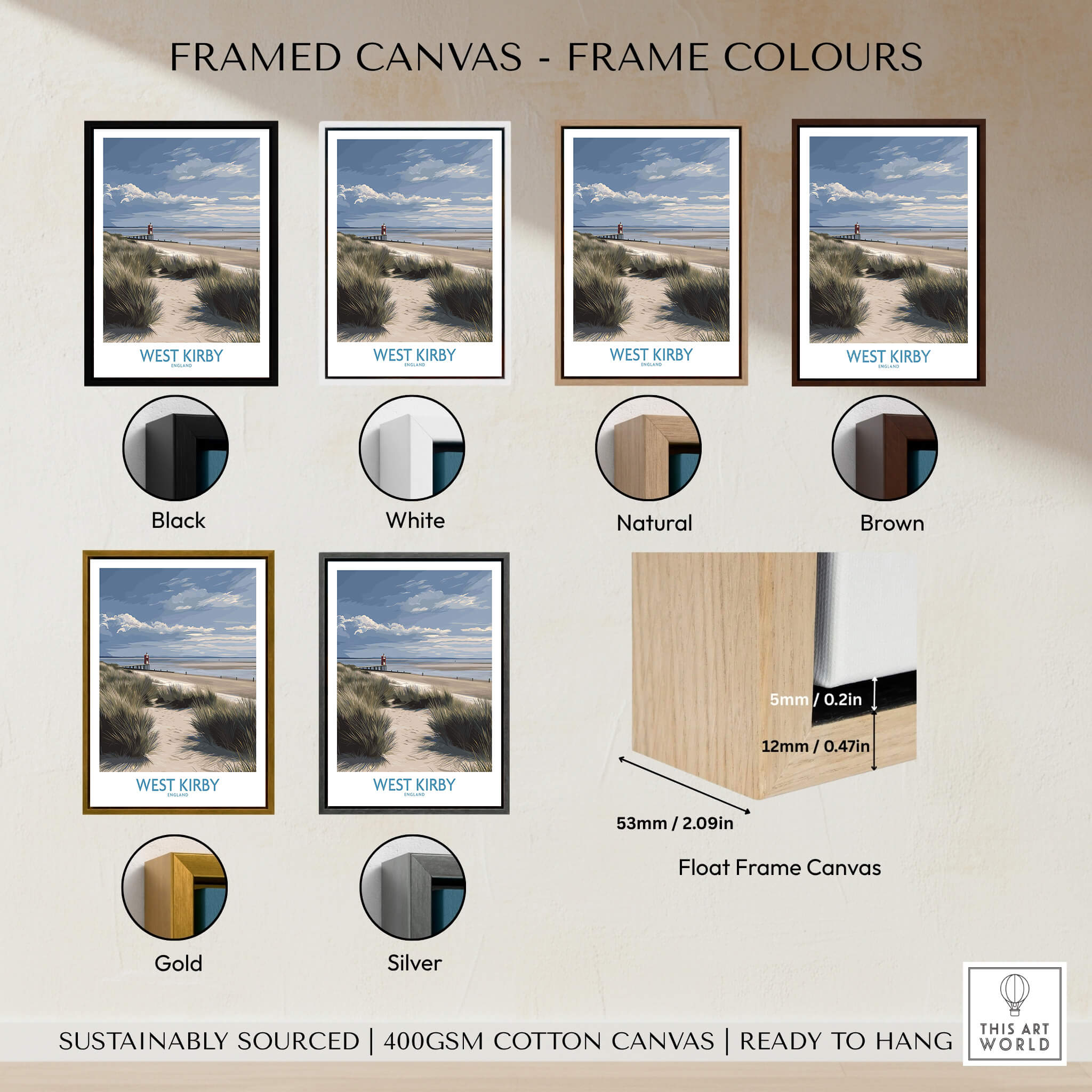 West Kirby England Poster | Coastal Sand Dunes Landscape Canvas Print framed in various colours including black, white, natural, brown, gold, and silver.