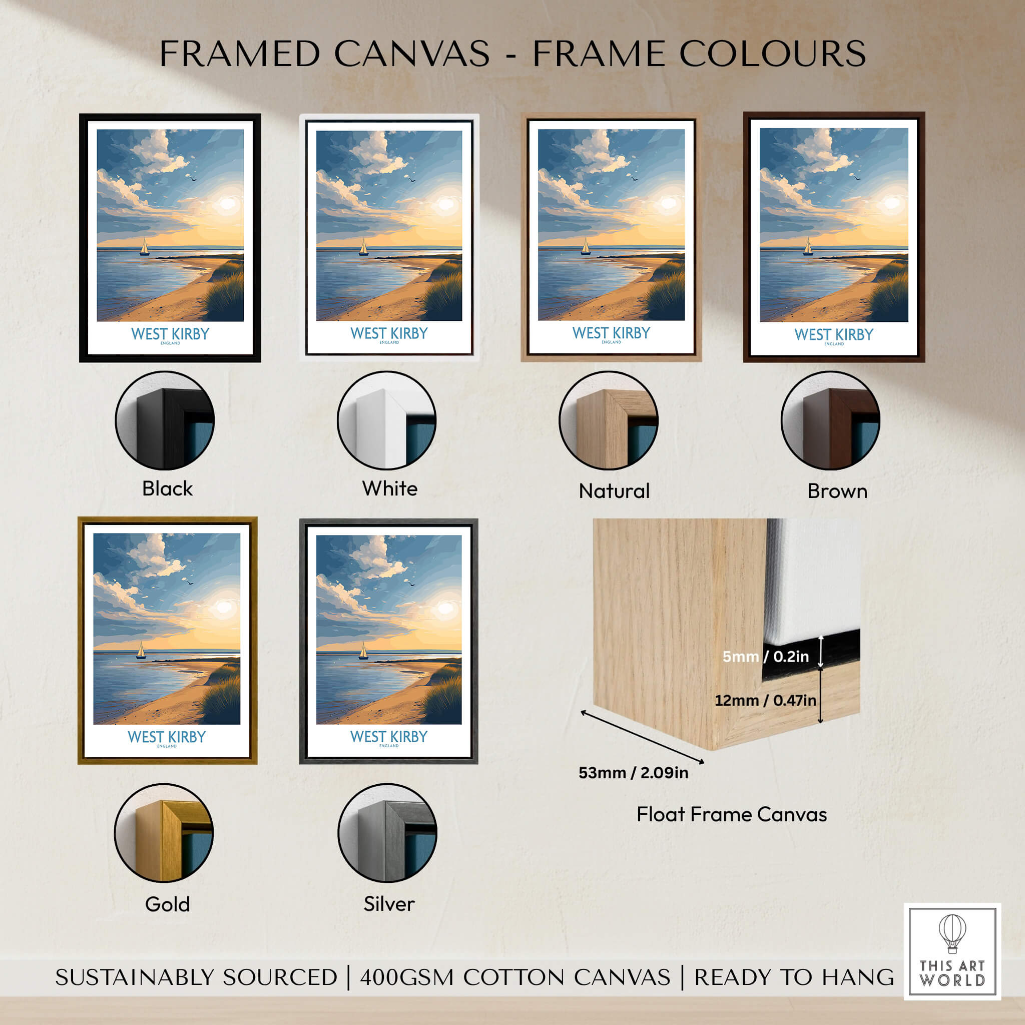 Framed canvas print frame color options for West Kirby England Canvas Print | Serene Coastline Sailboat Scene Poster.