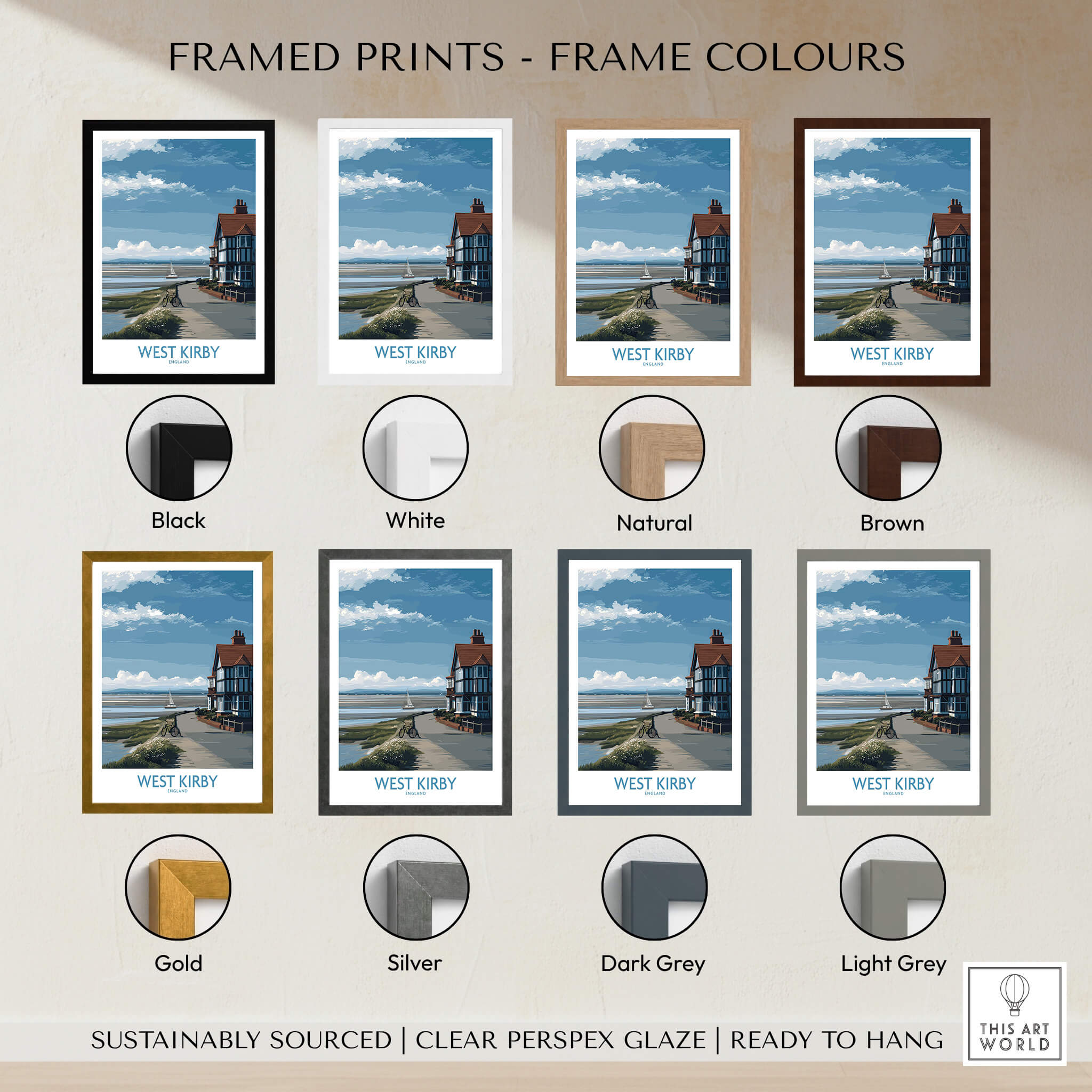 Framed prints showcasing various frame colors for West Kirby Canvas Art Print, including black, white, natural, and more.