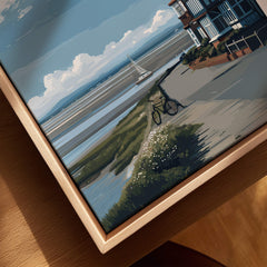 West Kirby Print England Travel Poster featuring scenic coastal views and a bicycle near the shoreline.