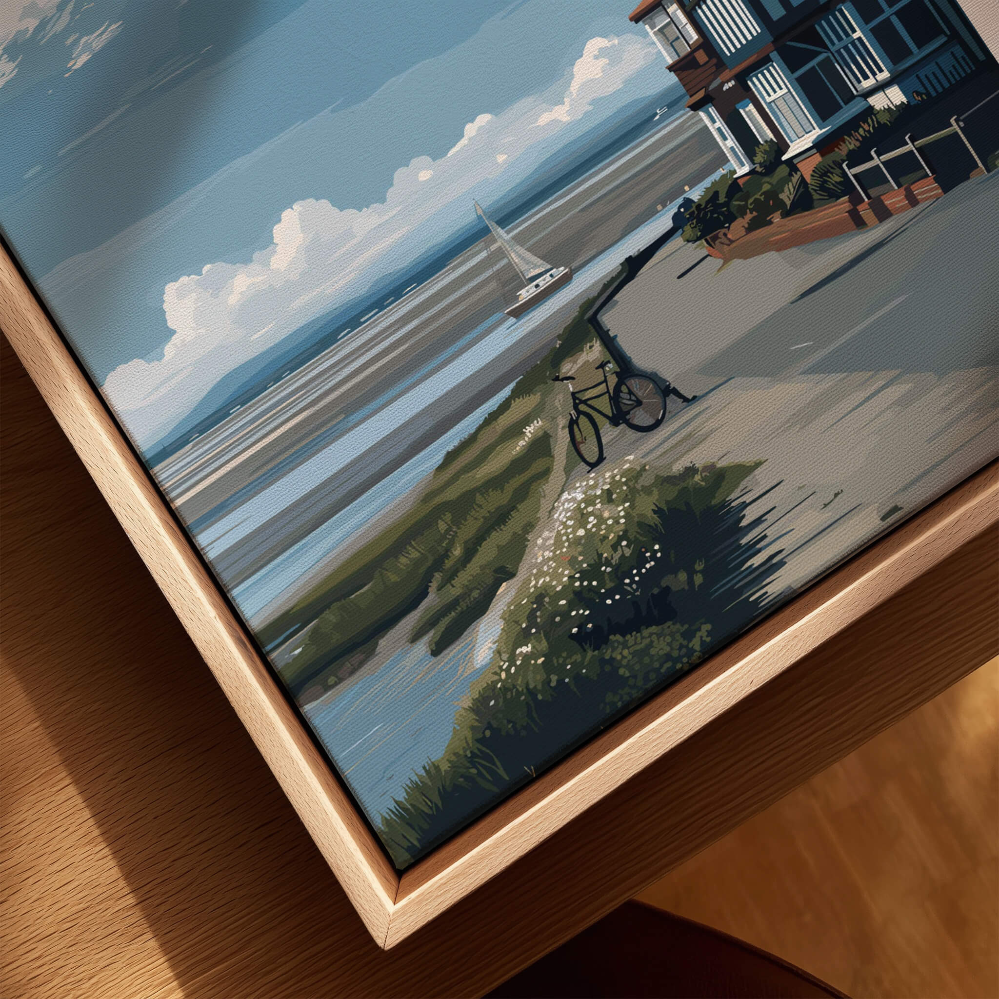West Kirby Print England Travel Poster featuring scenic coastal views and a bicycle near the shoreline.