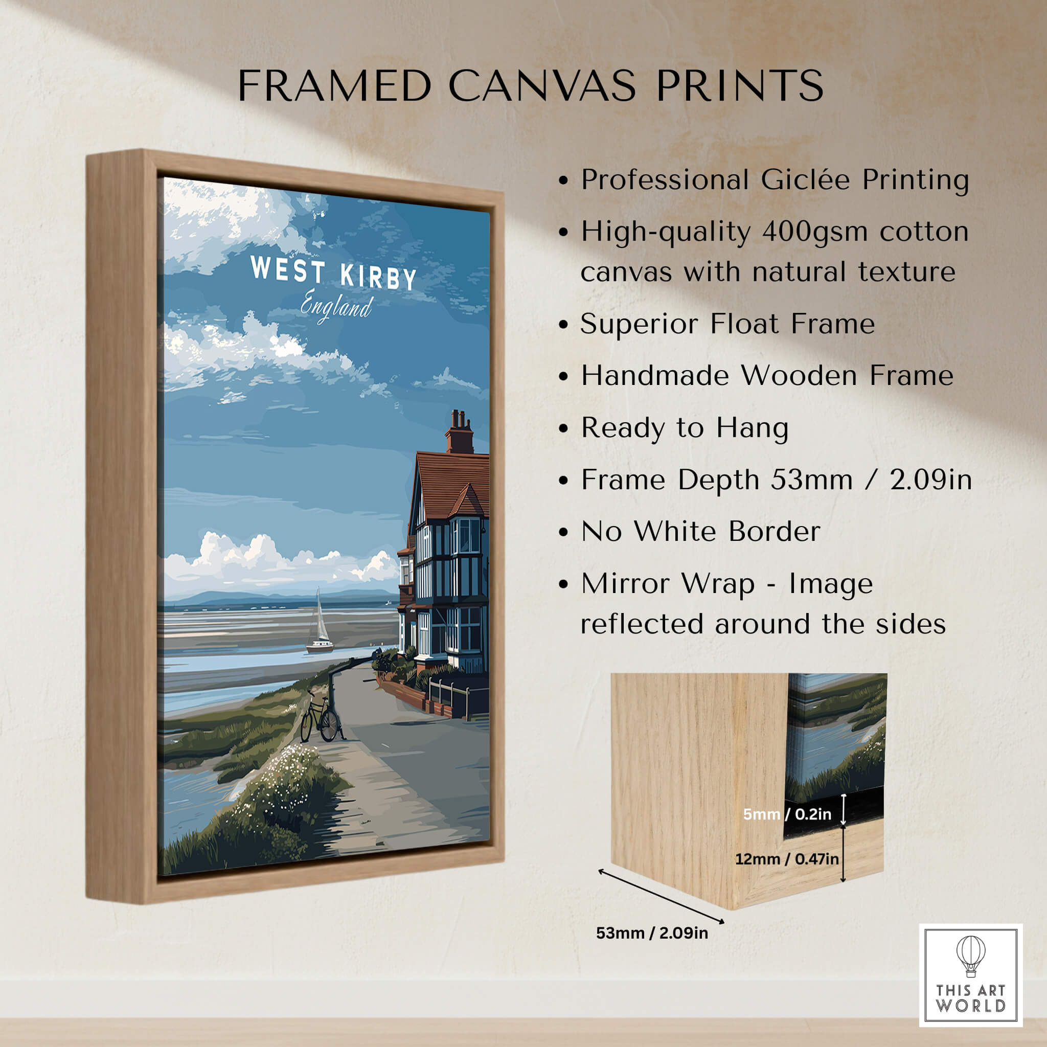 West Kirby Print England Travel Poster framed canvas print with scenic coastal artwork and natural wood frame.