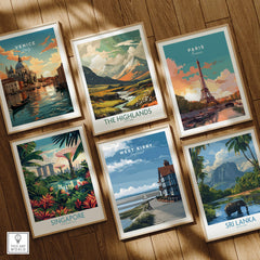 West Kirby Print England Travel Poster alongside travel posters of Venice, The Highlands, Paris, Singapore, and Sri Lanka.