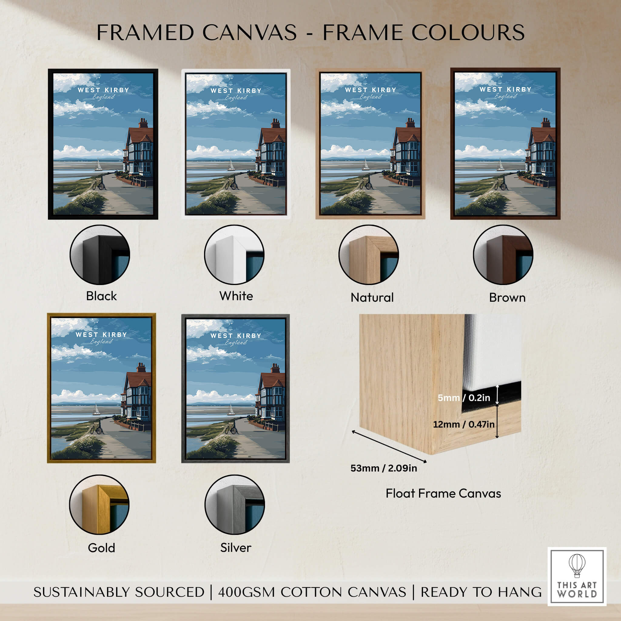 Framed canvas options for West Kirby Print England Travel Poster in various colors including black, white, gold, and silver.