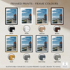 Framed options for the West Kirby Print England Travel Poster showcasing various colors and styles.