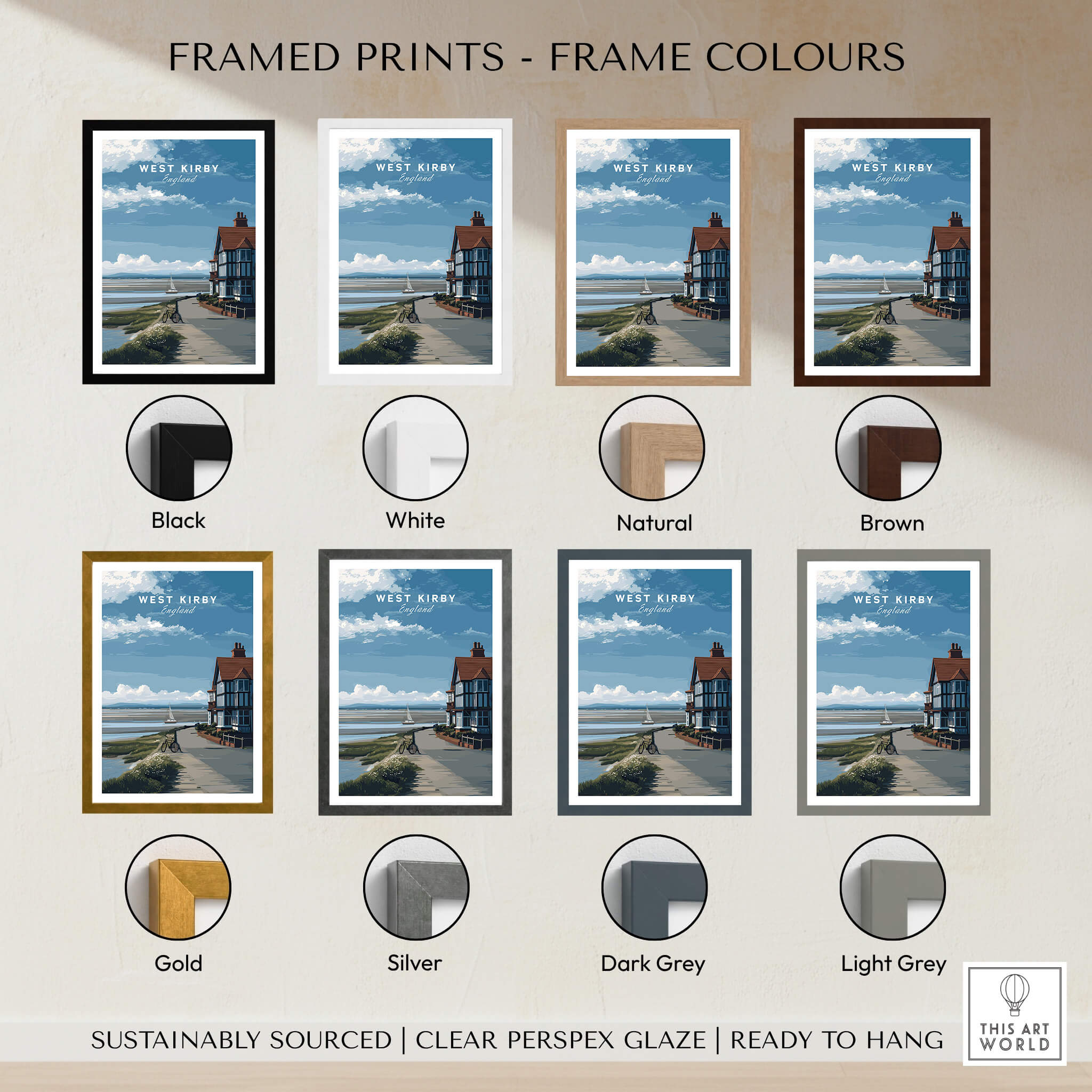 Framed options for the West Kirby Print England Travel Poster showcasing various colors and styles.