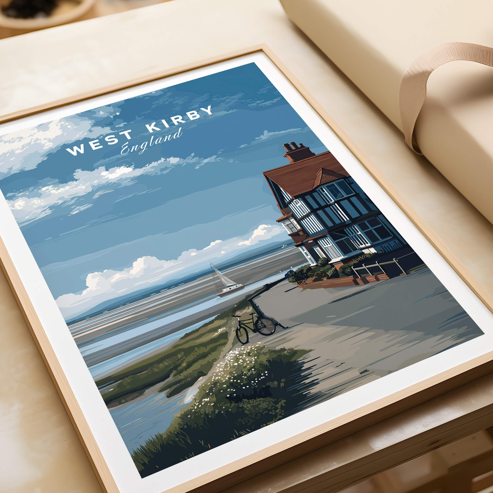 West Kirby Print England Travel Poster showcasing the scenic coastal landscape and architecture of West Kirby, England.