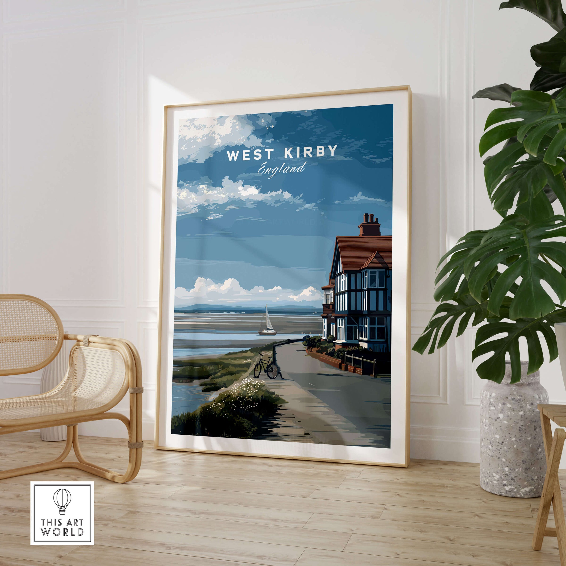 West Kirby Print England Travel Poster showcasing a charming coastal scene with sandy shores and elegant architecture.