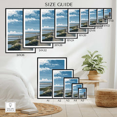 Size guide for West Kirby Print England Travel Poster with various frame sizes displayed.