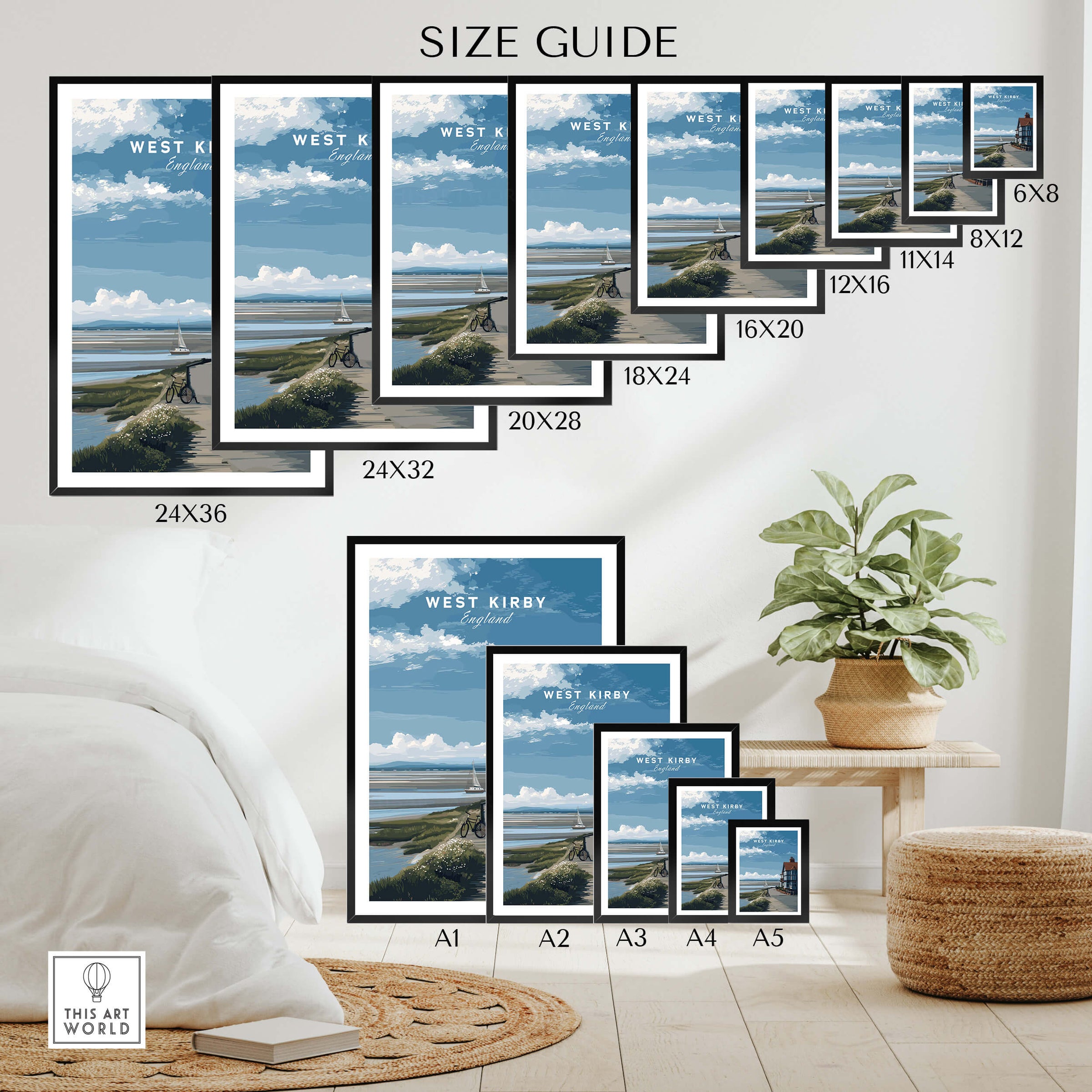 Size guide for West Kirby Print England Travel Poster with various frame sizes displayed.