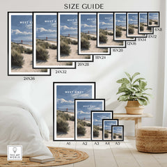 West Kirby England Wall Art Print | Travel Poster size guide showcasing various frame sizes.