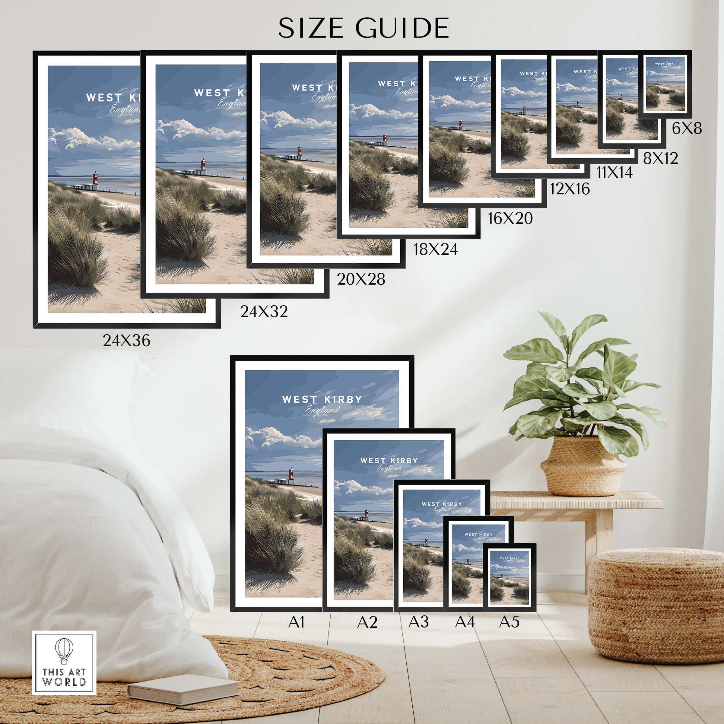 West Kirby England Wall Art Print | Travel Poster size guide showcasing various frame sizes.