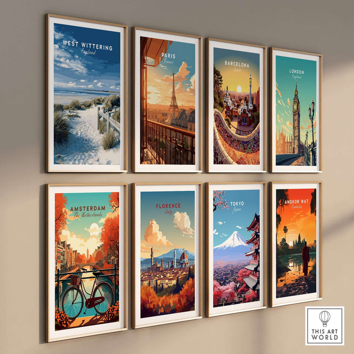 Collection of travel posters featuring West Wittering, Paris, Barcelona, London, Amsterdam, Florence, Tokyo, and Angkor Wat.