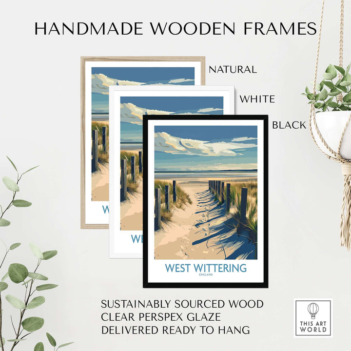 Three handmade wooden frames in natural, white, and black colors displaying a West Wittering beach poster.