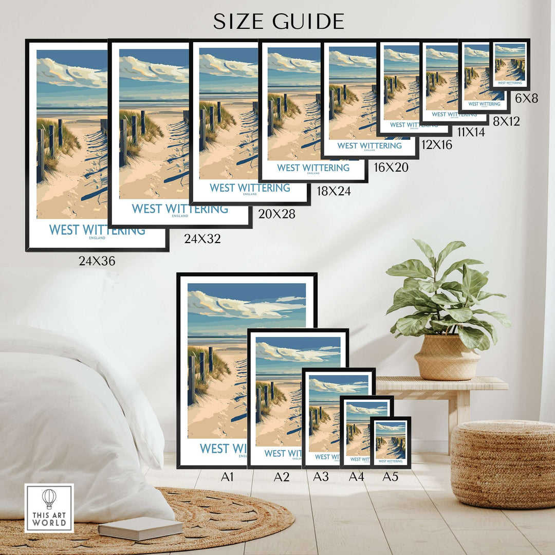 Size guide for West Wittering Beach Poster showcasing various print sizes and coastal wall art in a styled interior.