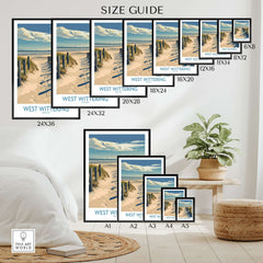 West Wittering Beach Poster - Sussex Travel Print - English Coastline Wall Art size guide with various frame options.